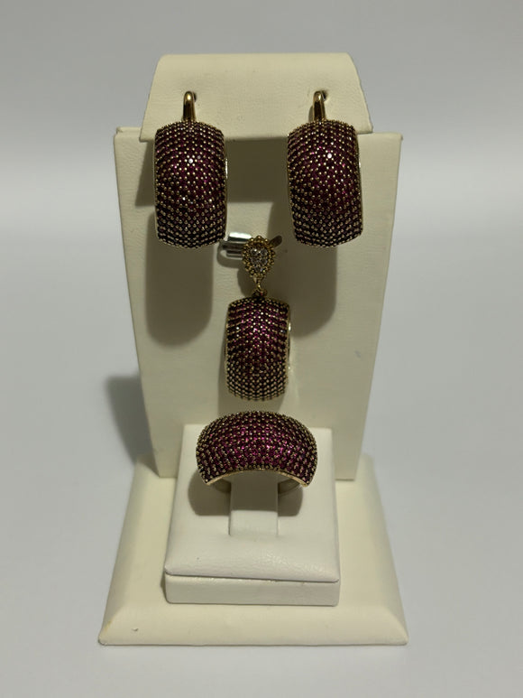 Turkish Handmade Jewelry 925 Sterling Silver Ruby Stone Women's Earrings & Ring Jewelry Set