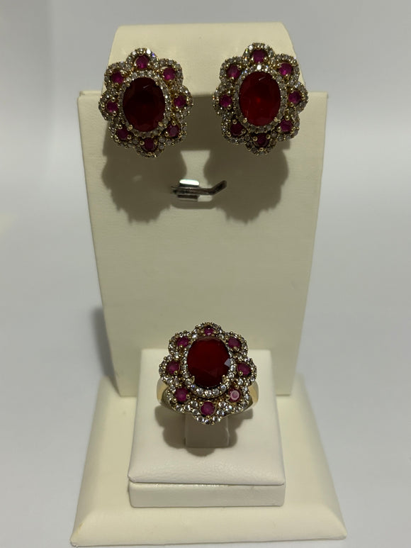 Turkish Handmade Jewelry 925 Sterling Silver Ruby Stone Women's Earrings & Ring Jewelry Set