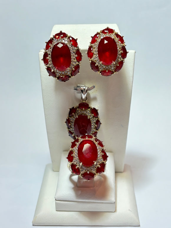 Turkish Handmade Jewelry 925 Sterling Silver Ruby Stone Women's Earrings & Ring Jewelry Set