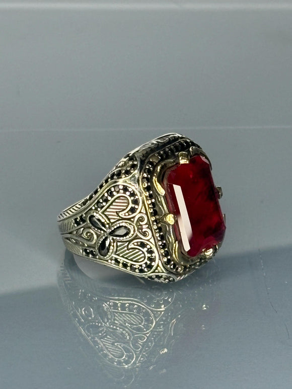 Turkish Handmade Jewelry 925 Sterling Silver Ruby Stone Turkic Design Mens Rings