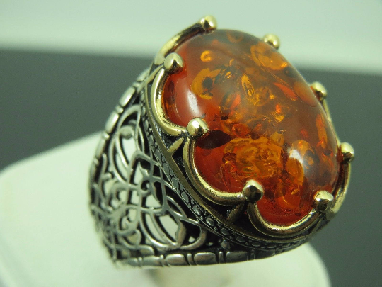 Turkish Handmade Jewelry 925 Sterling Silver Amber Stone Men Ring Sz 12 2024