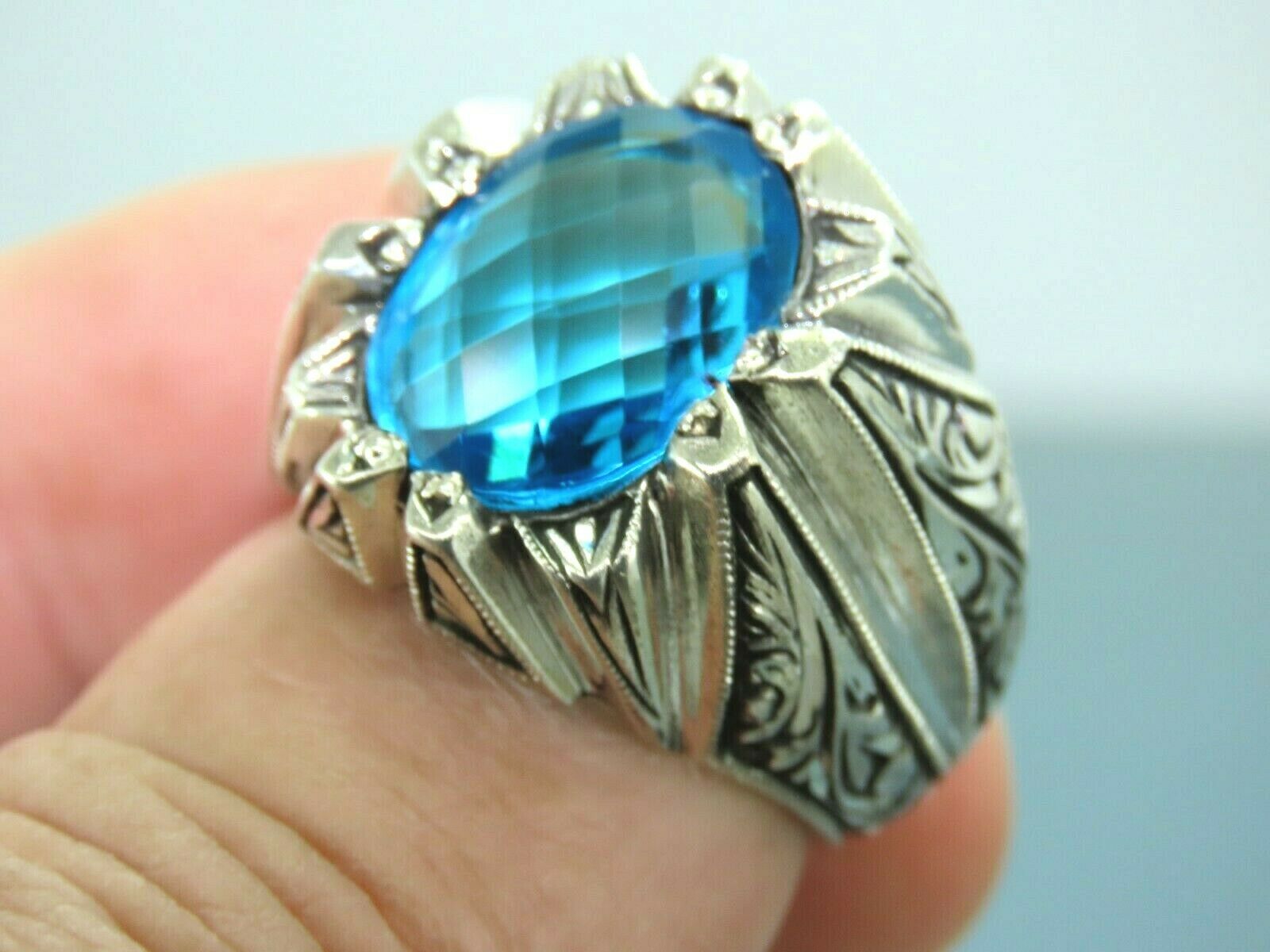925 Sterling Silver Mens Ring Blue Topaz GemStone Handmade Men Silver Ring