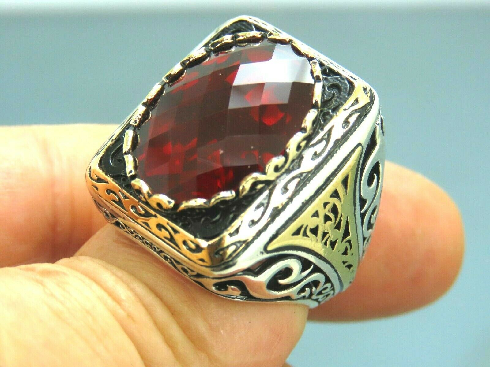 14K White Gold Vintage Oval Ruby and Diamond Three Stone Ring Alternat