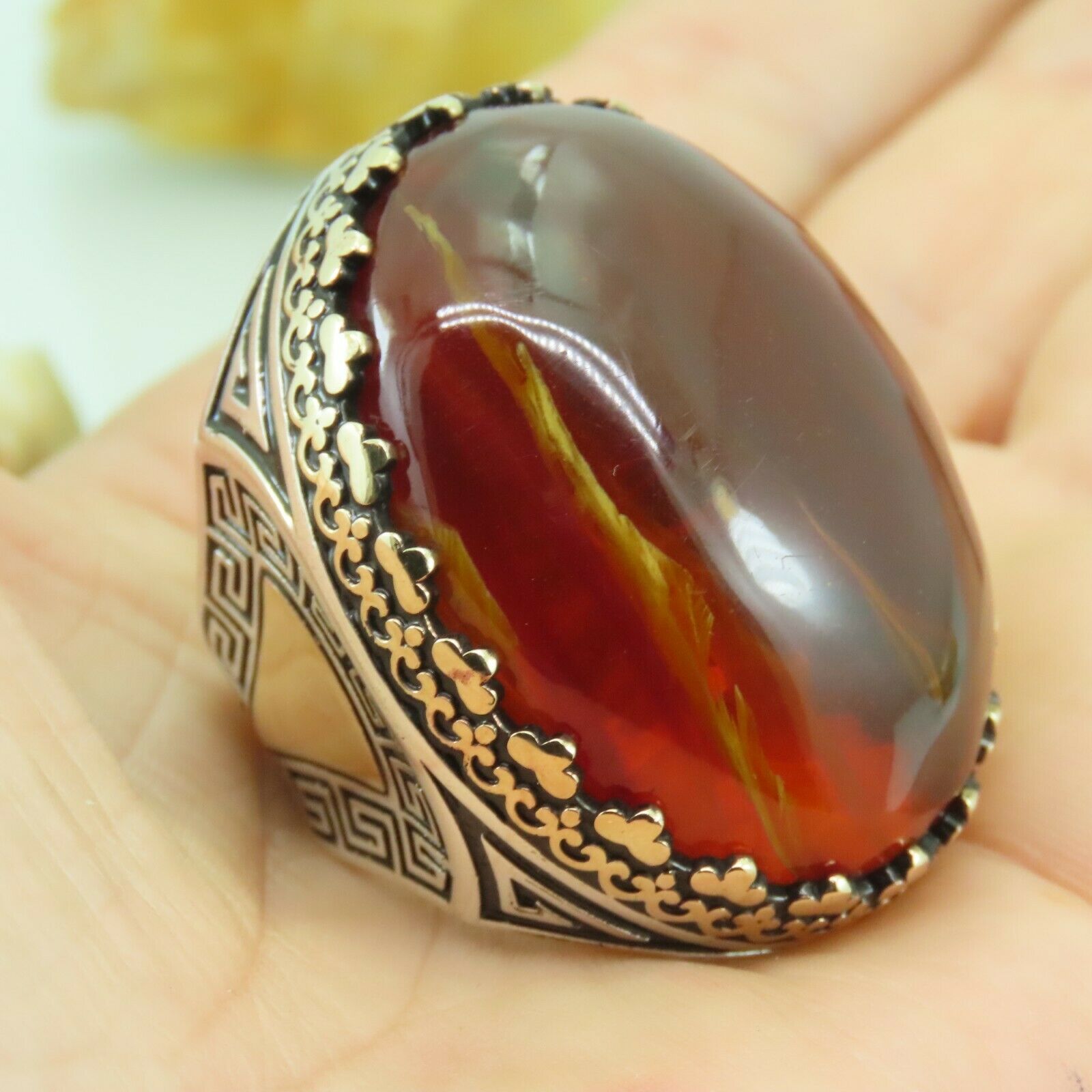 925 Sterling Silver Seal of Solomon Silver Ring with Amber Stone // Style 1  // Silver + Red (12) - Mirari Men's Rings - Touch of Modern