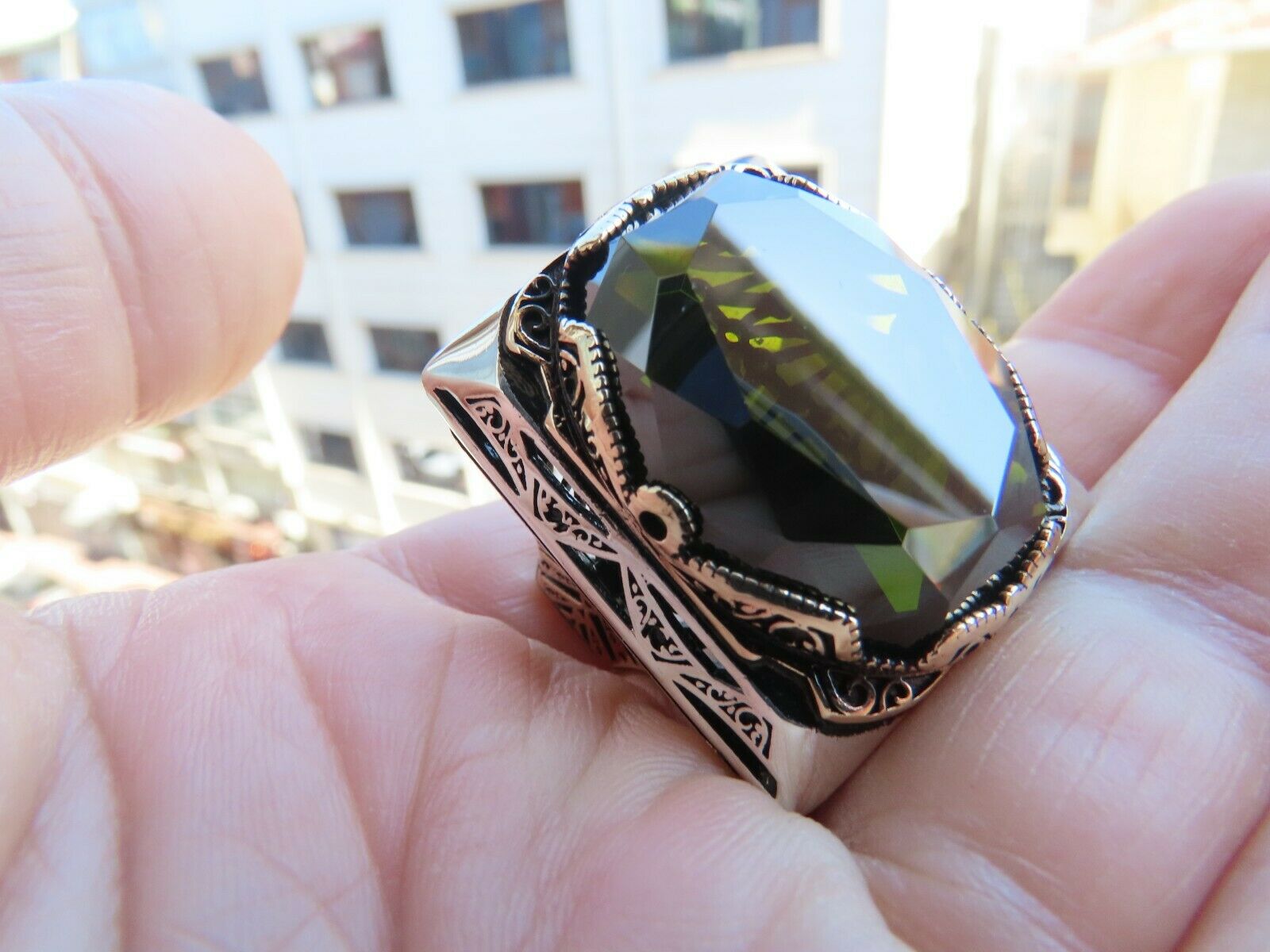 Turkish Handmade store Jewelry 925 Sterling Silver Peridot Stone Men's Ring Sz 12