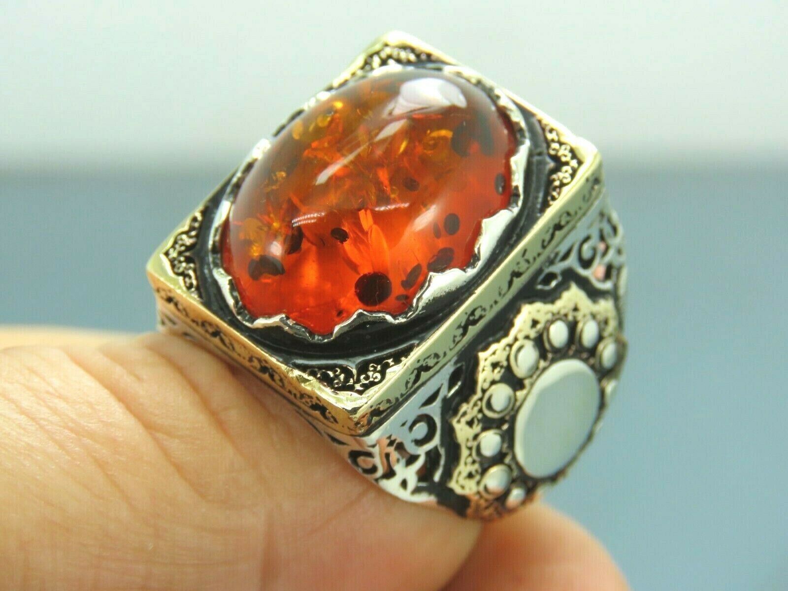 Turkish Handmade Jewelry 925 Sterling Silver popular Amber Stone Men Ring Sz 12